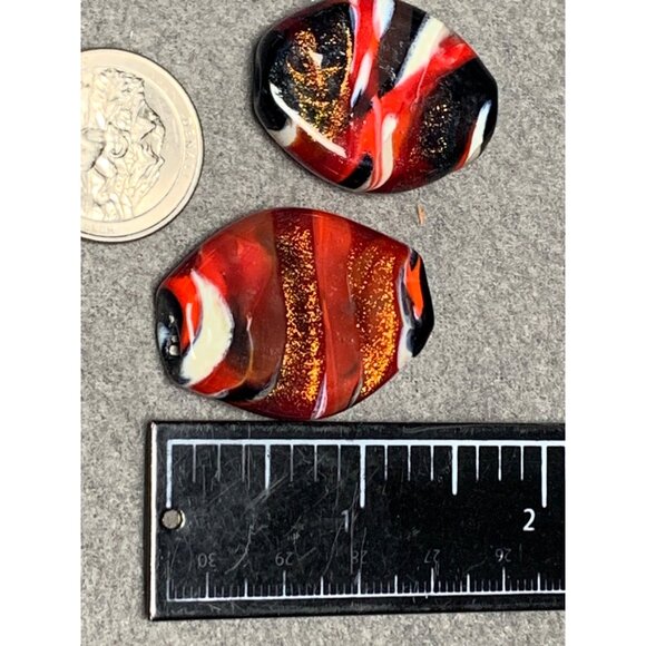 Handcrafted Lampwork Glass Beads - Red Black & Gold Glitter Swirl 2 Pcs Oval Sha - Picture 4 of 6